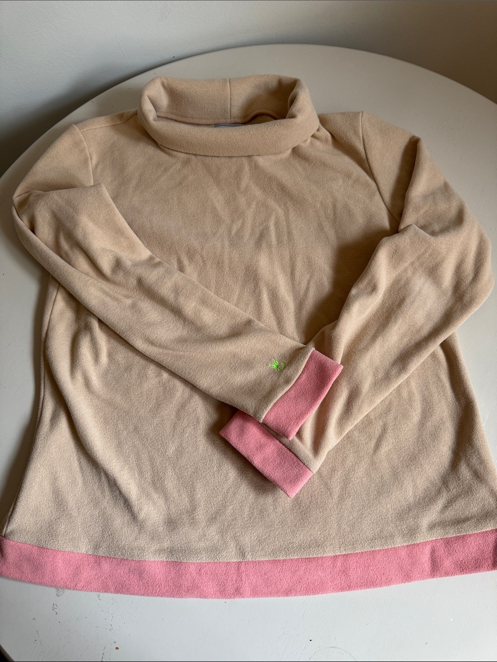 Dudley Stephens Beige Fleece Park Slope Sweater with Pink Trim